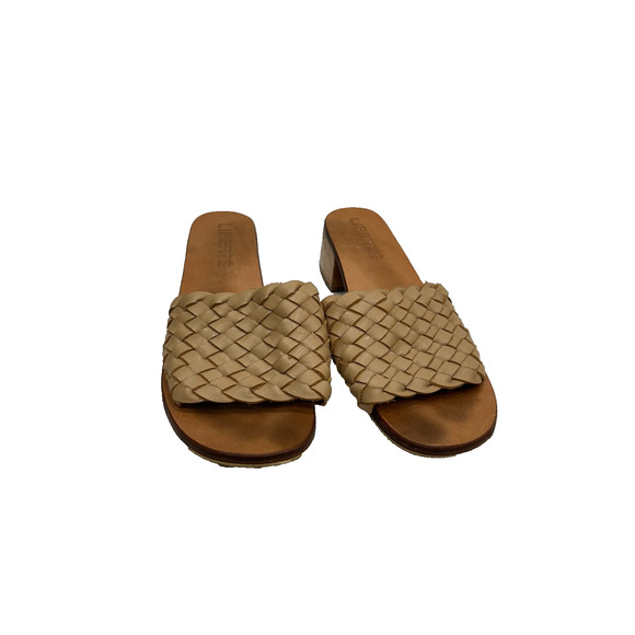 Liberté Santorini Womens Brown Woven Leather Mules Wooden Heel Sandals Size 9 - Picture 1 of 10